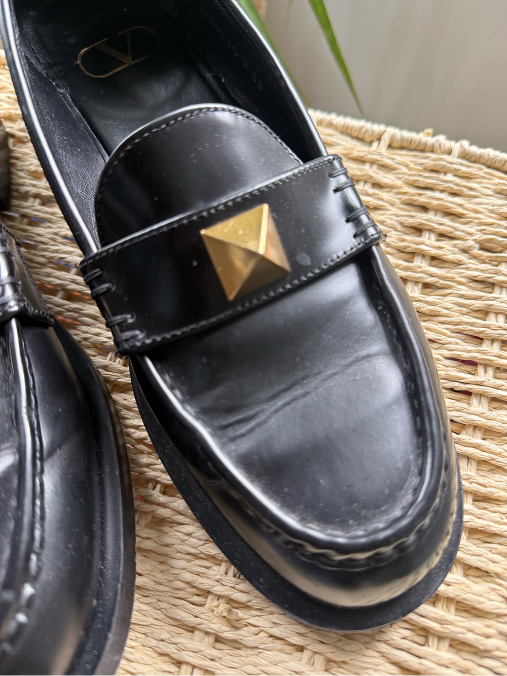 Valentino Garavani Black Leather Loafers with Gold Pyramid Stud - Picture 3 of 9